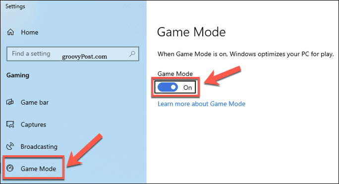 Ustawienia systemu Windows Menu trybu gry