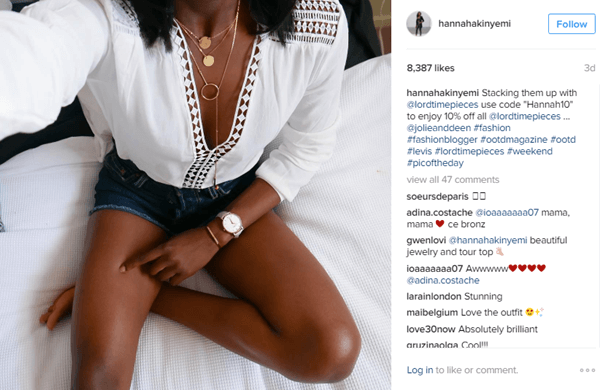 Model Hannah Akinyemi oferuje zegarek Lord Timepieces wraz z kodem rabatowym na Instagramie.
