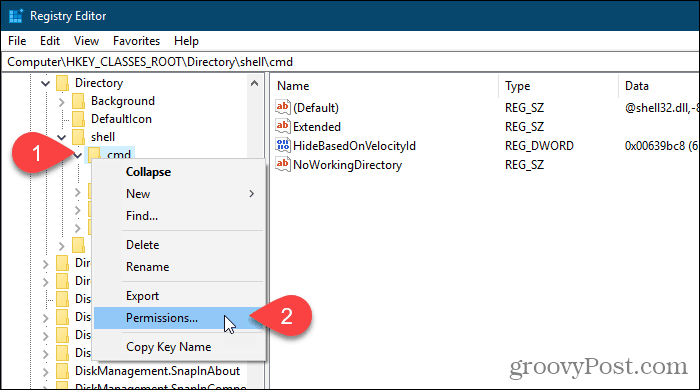 Kliknij klucz rejestru prawym przyciskiem myszy i wybierz Uprawnienia w Edytorze rejestru systemu Windows
