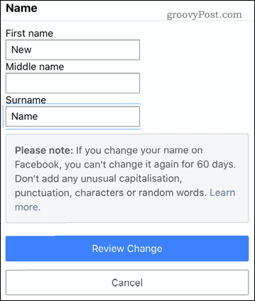 Edytowanie nazwy w aplikacji mobilnej Facebook