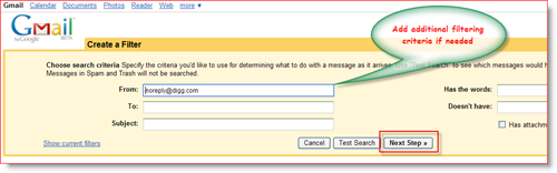 Utwórz menu akcji reguły filtrowania Gmaila