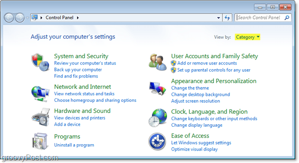 Panel sterowania Windows 7 w widoku kategorii