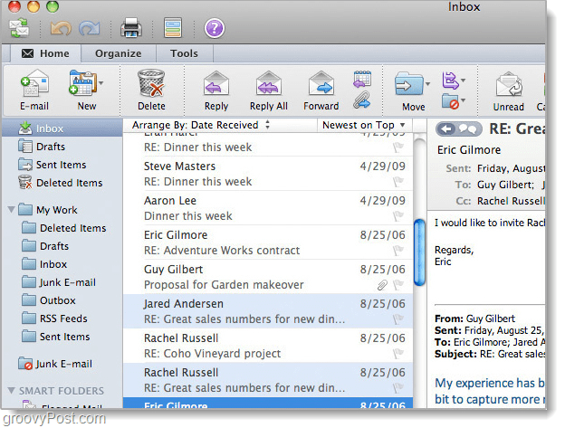 zrzut ekranu programu Outlook 2011 dla komputerów Mac