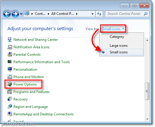 zmień panel sterowania Windows 7, aby wyświetlać małe ikony, a następnie kliknij przycisk opcji zasilania