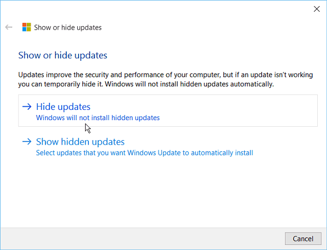 Ukryj narzędzie Windows 10 Update