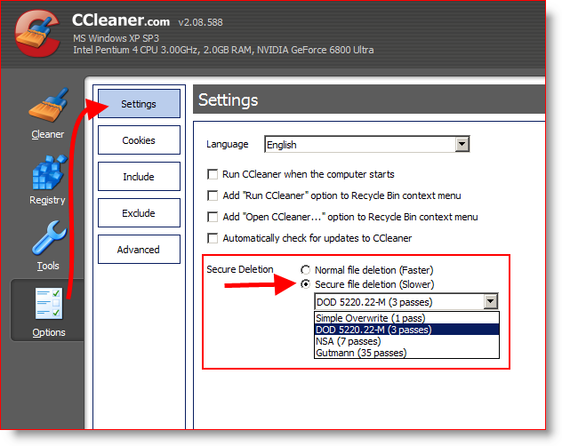 Skonfiguruj CCleaner do bezpiecznego czyszczenia i usuwania plików 3 razy lub DOD 5220.22-M