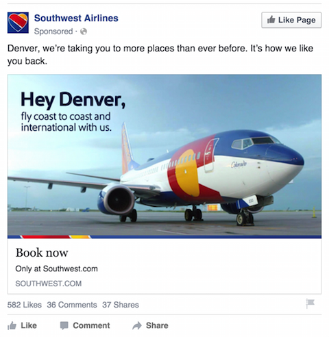 Reklama na Facebooku południowo-zachodnich linii lotniczych