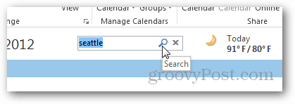 Przewodnik po pogodzie w kalendarzu programu Outlook 2013 — wpisz miasto i wyszukaj