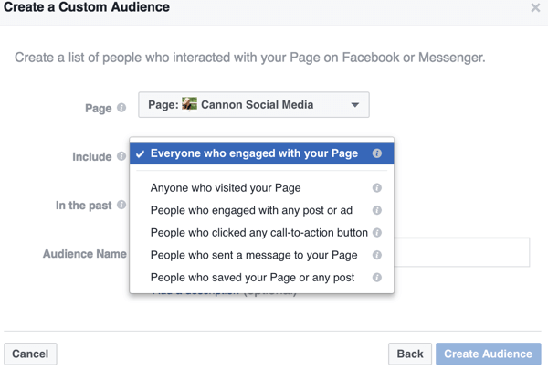 Zawężając opcje dla niestandardowych odbiorców na Facebooku, znajdujesz konkretne sposoby definiowania odbiorców, do których chcesz kierować reklamy, na przykład te interakcje dla poszczególnych stron.