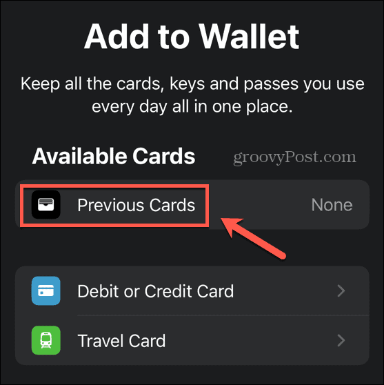 poprzednie karty aplikacji portfela