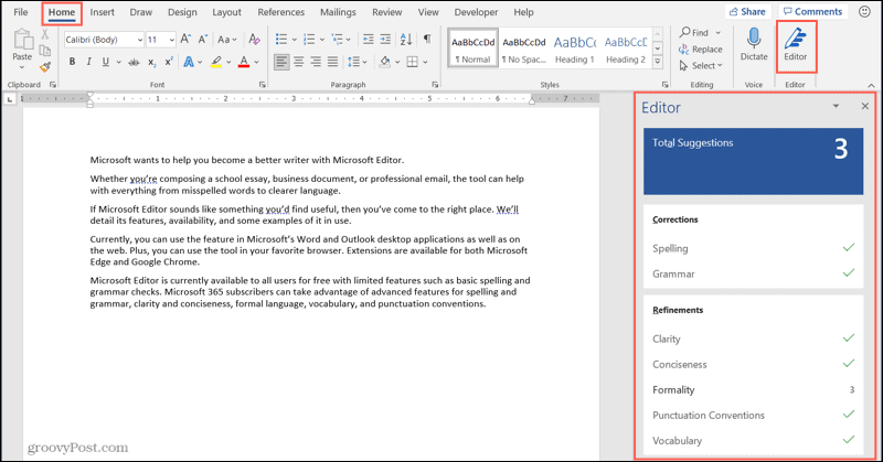 Przycisk Microsoft Editor i pasek boczny na pulpicie programu Word