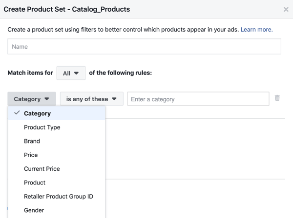 Użyj narzędzia konfiguracji wydarzeń na Facebooku, krok 28, opcja menu Facebook, aby zastosować filtry, do których produkty są wyświetlane klientom