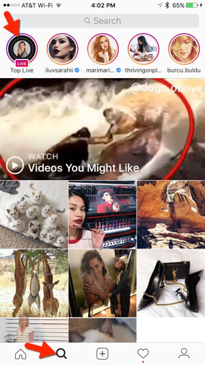 Instagram zawiera również aktualne filmy na żywo na karcie Eksploruj.