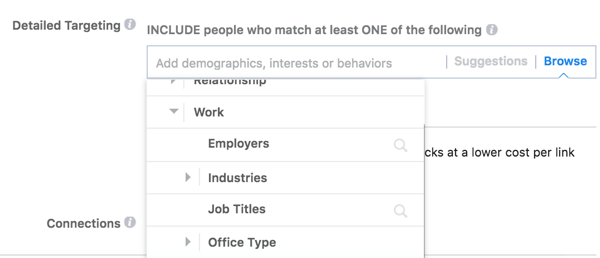 Facebook oferuje szczegółowe opcje kierowania na podstawie pracy odbiorców.