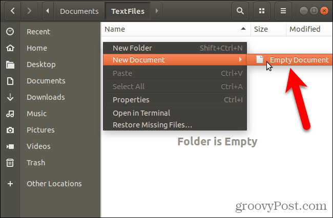 Utwórz nowy, pusty dokument w Nautilus w Ubuntu Linux