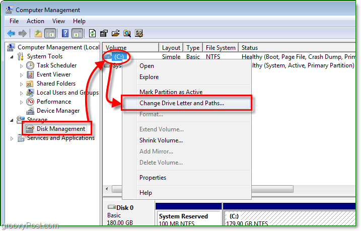 użyj funkcji zarządzania dyskami, aby otworzyć okno dialogowe zmiany litery dysku w systemie Windows 7
