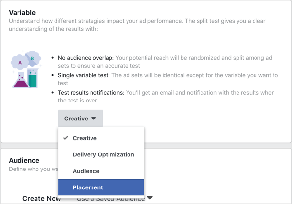 Wybierz Placement jako zmienną do przetestowania za pomocą testu podziału Facebooka