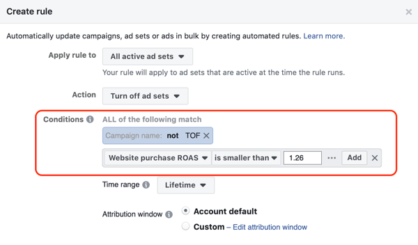 Użyj automatycznych reguł Facebooka, zatrzymaj ustawianie reklam, gdy ROAS spadnie poniżej minimum, krok 3, ustawienia warunków