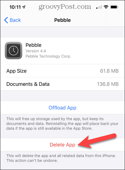Stuknij Usuń aplikację w Ustawieniach iPhone'a