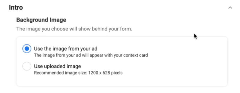 Reklamy potencjalnych klientów na Facebooku tworzą nową opcję formularza kontaktowego, aby użyć obrazu tła z wybraną opcją obrazu z reklamy