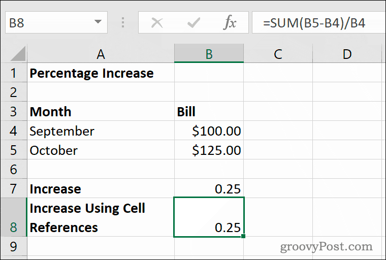 Przykład wzrostu procentowego w programie Microsoft Excel