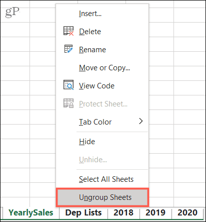 Rozgrupuj arkusze w programie Excel