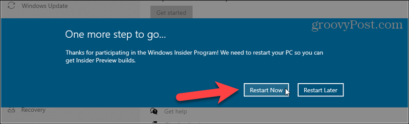 Uruchom ponownie, aby zakończyć rejestrację w kompilacjach Windows Insider