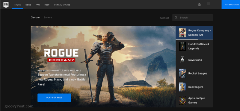 Zrzut ekranu przedstawiający stronę internetową Epic Games Store