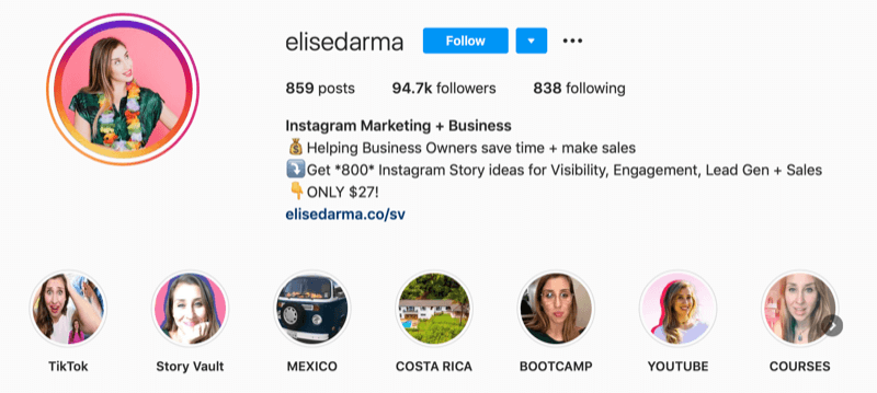 Profil Elise Darma na Instagramie