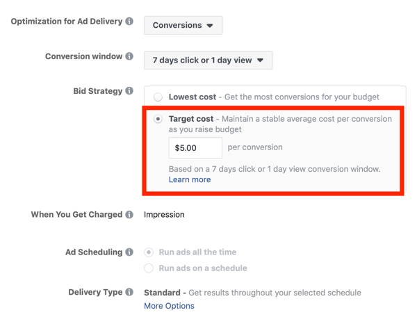 Wskazówki, jak obniżyć koszty reklam na Facebooku, opcja ustawienia strategii ustalania stawek na koszt docelowy
