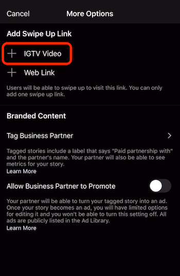 opcja dodania linku przesuń w górę do wideo IGTV