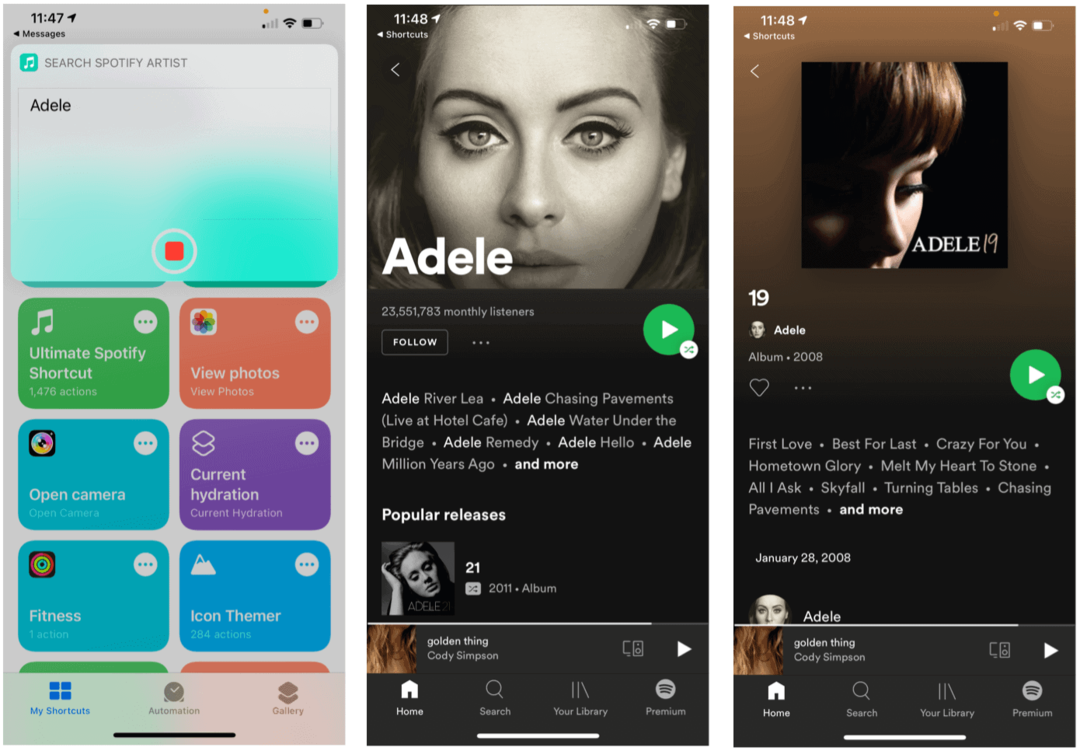 Skróty Siri dla wykonawcy wyszukiwania Spotify Siri