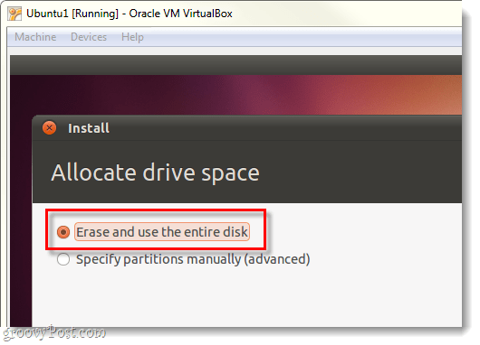 wymaż i użyj całego dysku dla Ubuntu