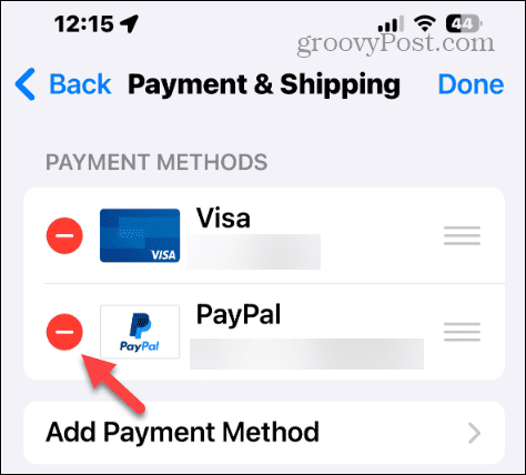 usuń metodę płatności na iPhonie