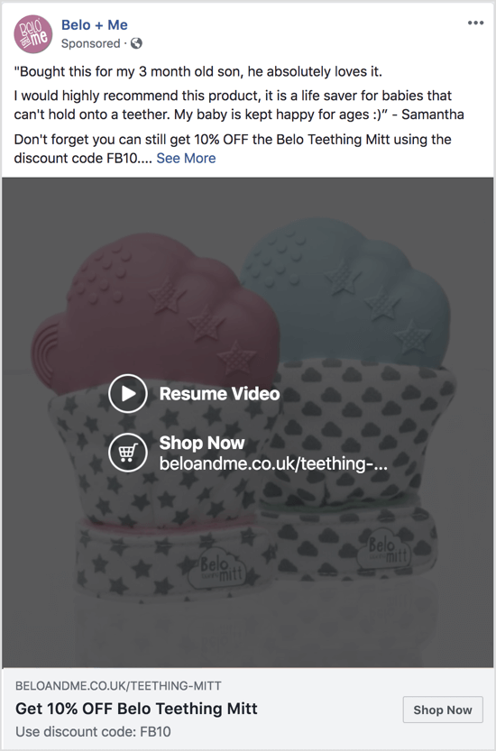 Ta reklama na Facebooku wykorzystuje pokaz slajdów do promowania rabatu na określony produkt.