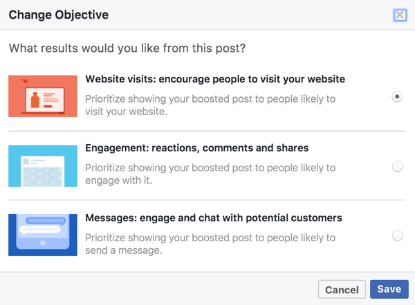 Obiektywne opcje wzmocnionych postów są oparte na mediach używanych w Twoim poście na Facebooku.