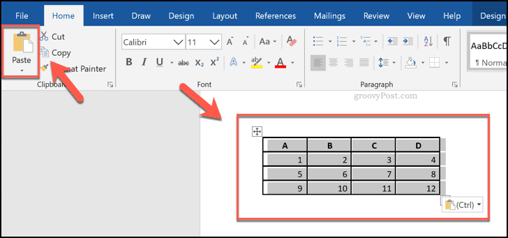 Wklejone komórki z arkusza kalkulacyjnego Excel, pokazane jako tabela w programie Word