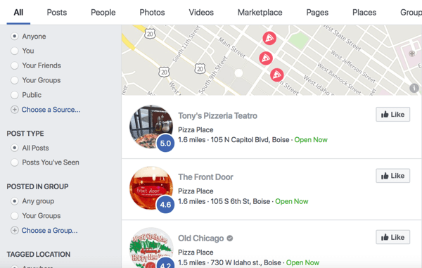 Wynik wyszukiwania pizza na Facebooku.