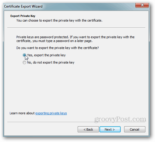 Eksport certyfikatów Windows - klucz prywatny Tak