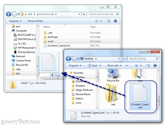 ręcznie edytuj docx xml w Windows 7