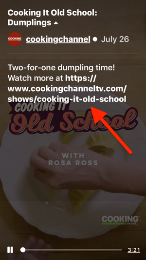 Przykład klikalnego linku wideo w opisie odcinka Cooking It Old School IGTV „Dumplings”.
