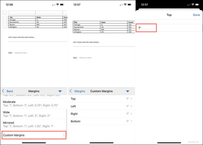 Marginesy niestandardowe w programie Word na urządzeniach mobilnych