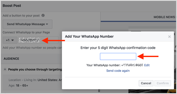 Wpisz kod potwierdzający otrzymany SMS-em, aby połączyć swoje konto WhatsApp Business z Facebookiem.