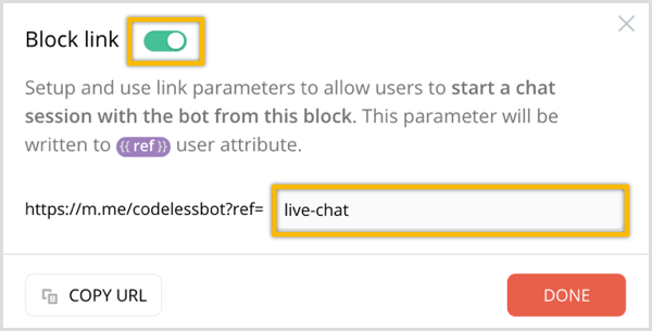 Opcja ChatFuel Block Link