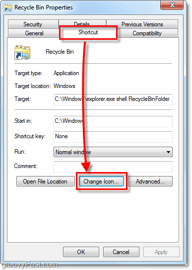 zmień ikonę skrótu w Windows 7