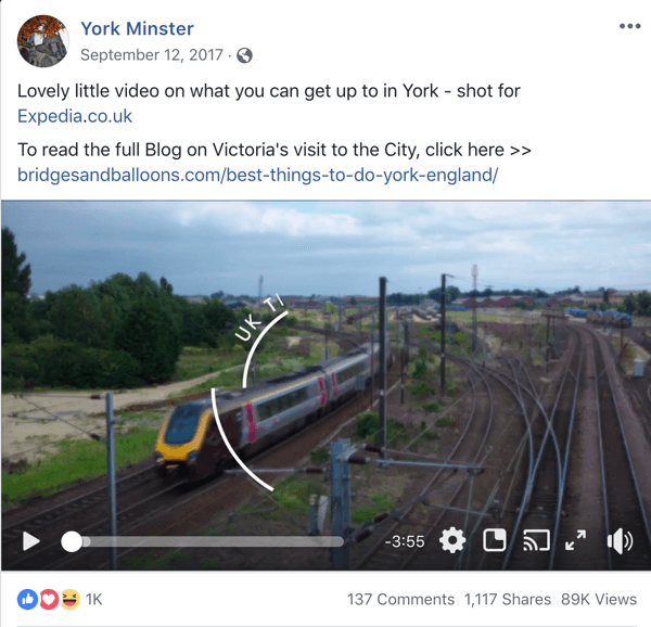 Przykładowy post na Facebooku z informacjami turystycznymi z York Minster.