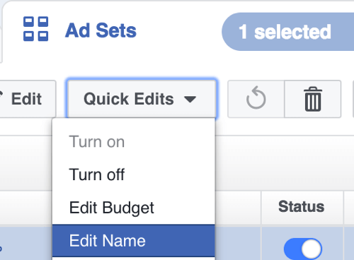 W edytorze Facebook Power Editor wybierz Edytuj nazwę z menu rozwijanego Szybkie edycje.