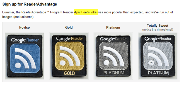 Google Reader 2010 April Fools Reader Advantage Badge