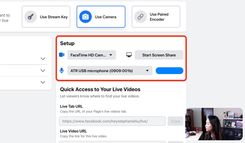 opcja konfiguracji transmisji na żywo na Facebooku, aby wybrać kamerę i mikrofon i / lub udostępnianie ekranu