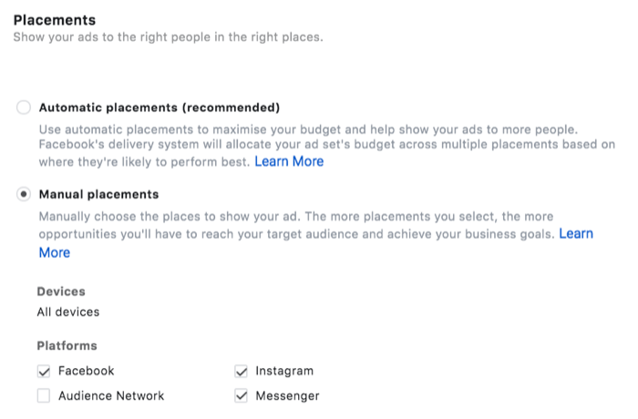 opcje menu dotyczące umieszczania reklam z wybranymi ręcznymi miejscami docelowymi, w szczególności Facebook, Instagram i Messenger